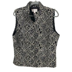 Erin London Zip Up Black White Animal Print Patchwork Tapestry Lined Vest L